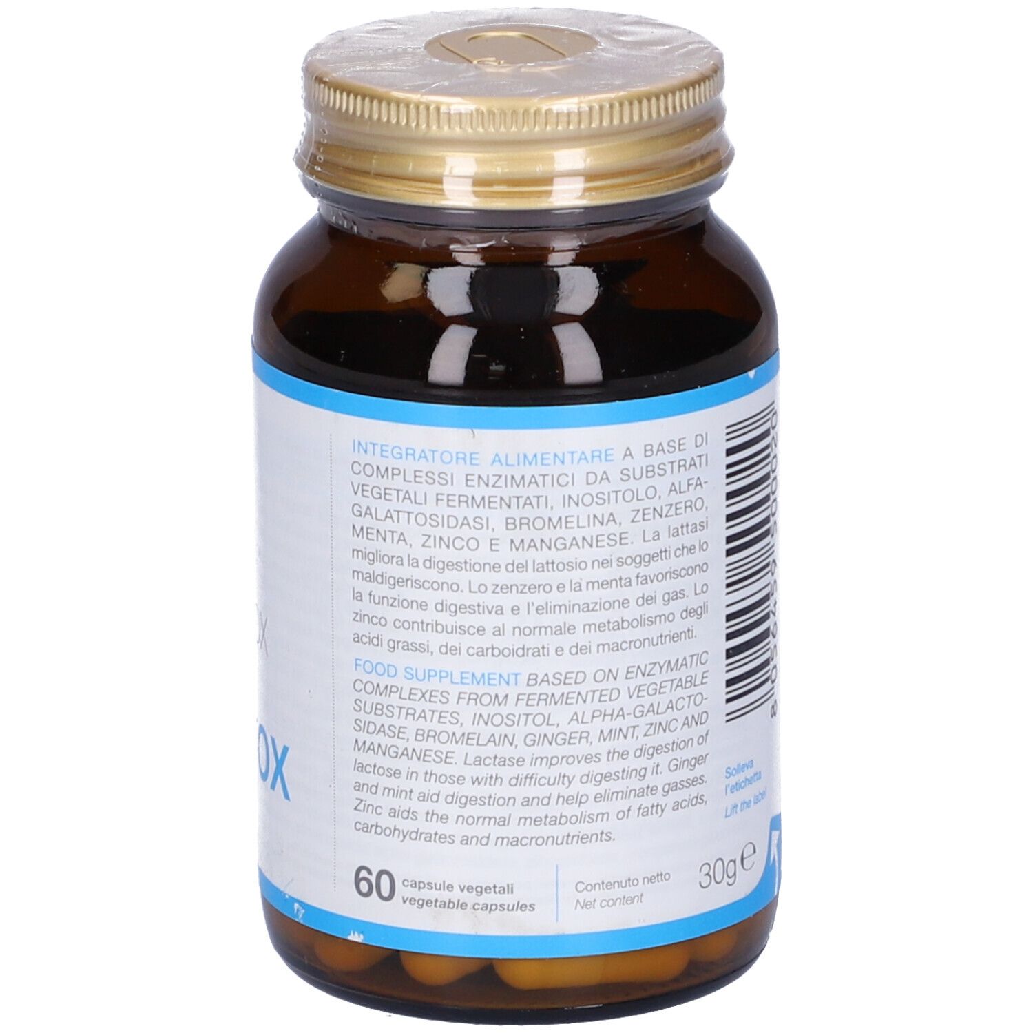 Flacon en verre brun avec couvercle doré. L'étiquette indique "ZEROTOX ENZITOX".