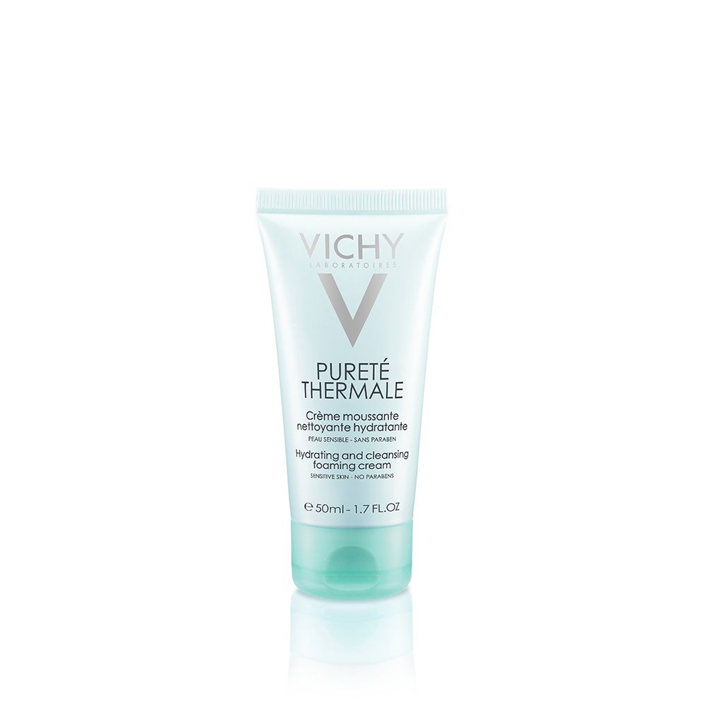 Tube bleu clair avec bouchon blanc. Inscription: Vichy, Pureté Thermale. Contient crème moussante nettoyante hydratante.