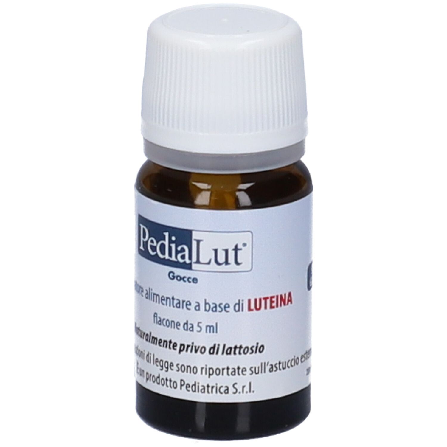 Flacon en verre brun avec bouchon blanc. Étiquette avec nom du produit PediaLut® Gocce et informations.