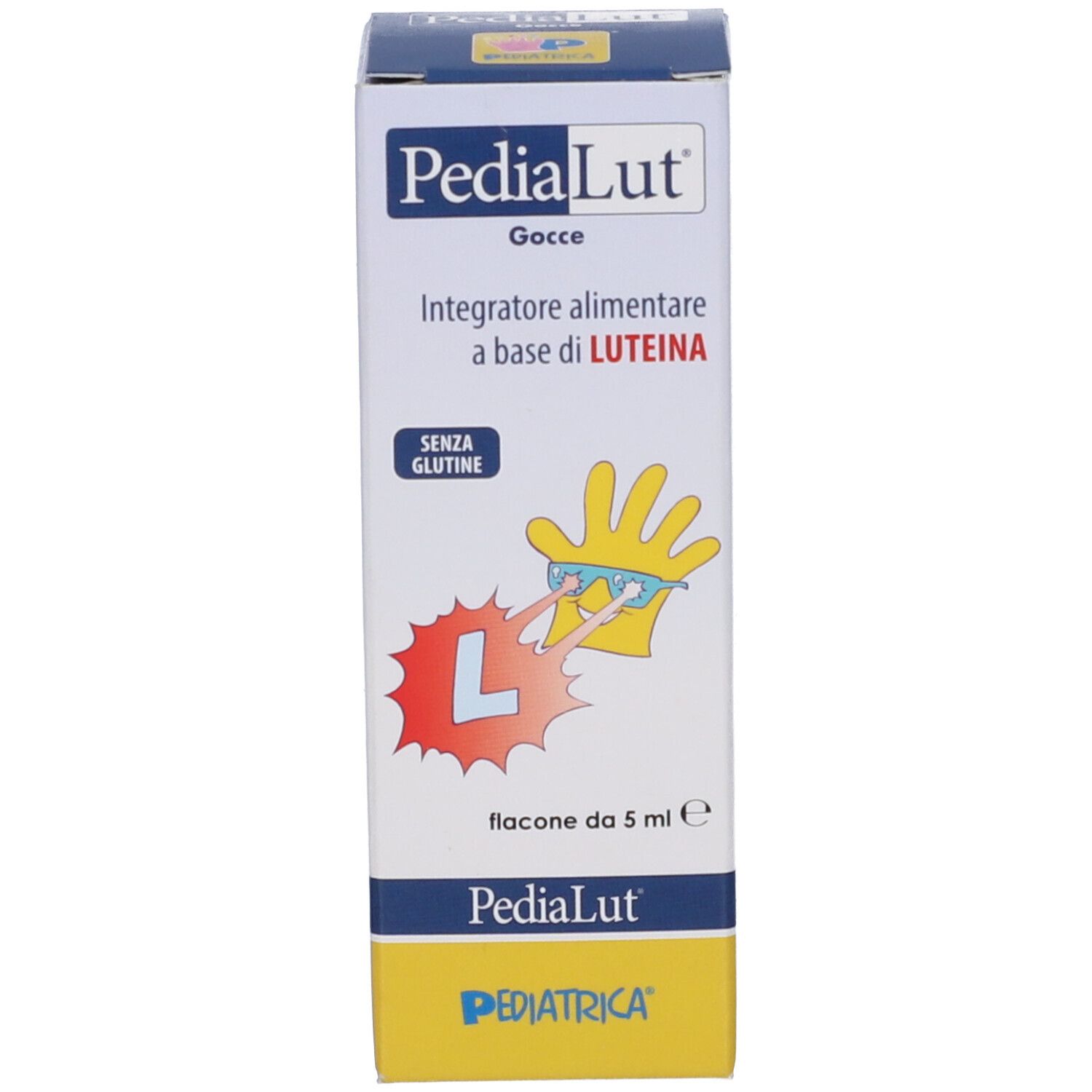 Emballage du produit avec nom du produit PediaLut® et logo. Texte 'SENZA GLUTINE' et logo.