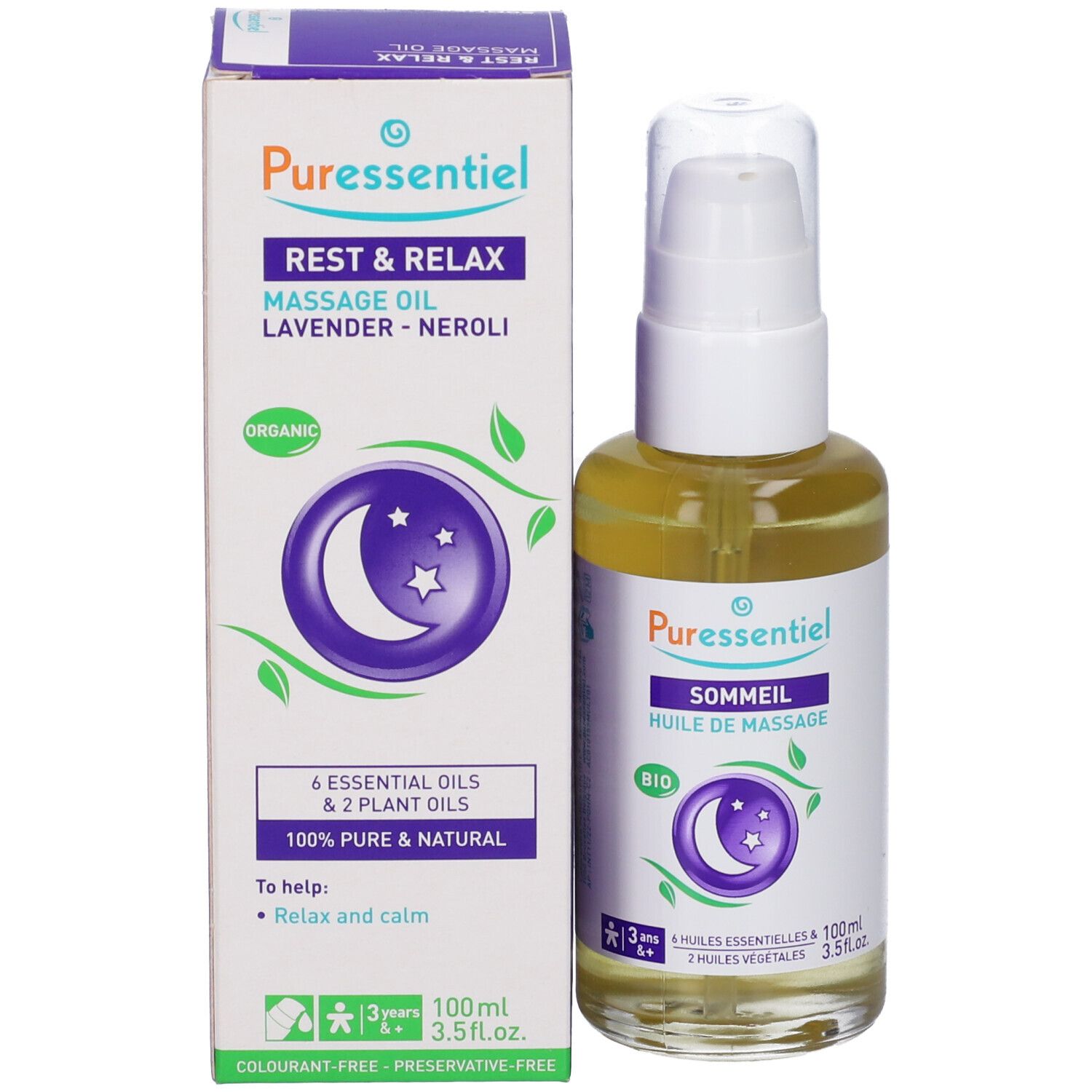 Produktflasche mit Sprühkopf und Karton. Karton mit Produktnamen, Mond- und Sternen-Logo. Bio-Siegel. 100% rein.