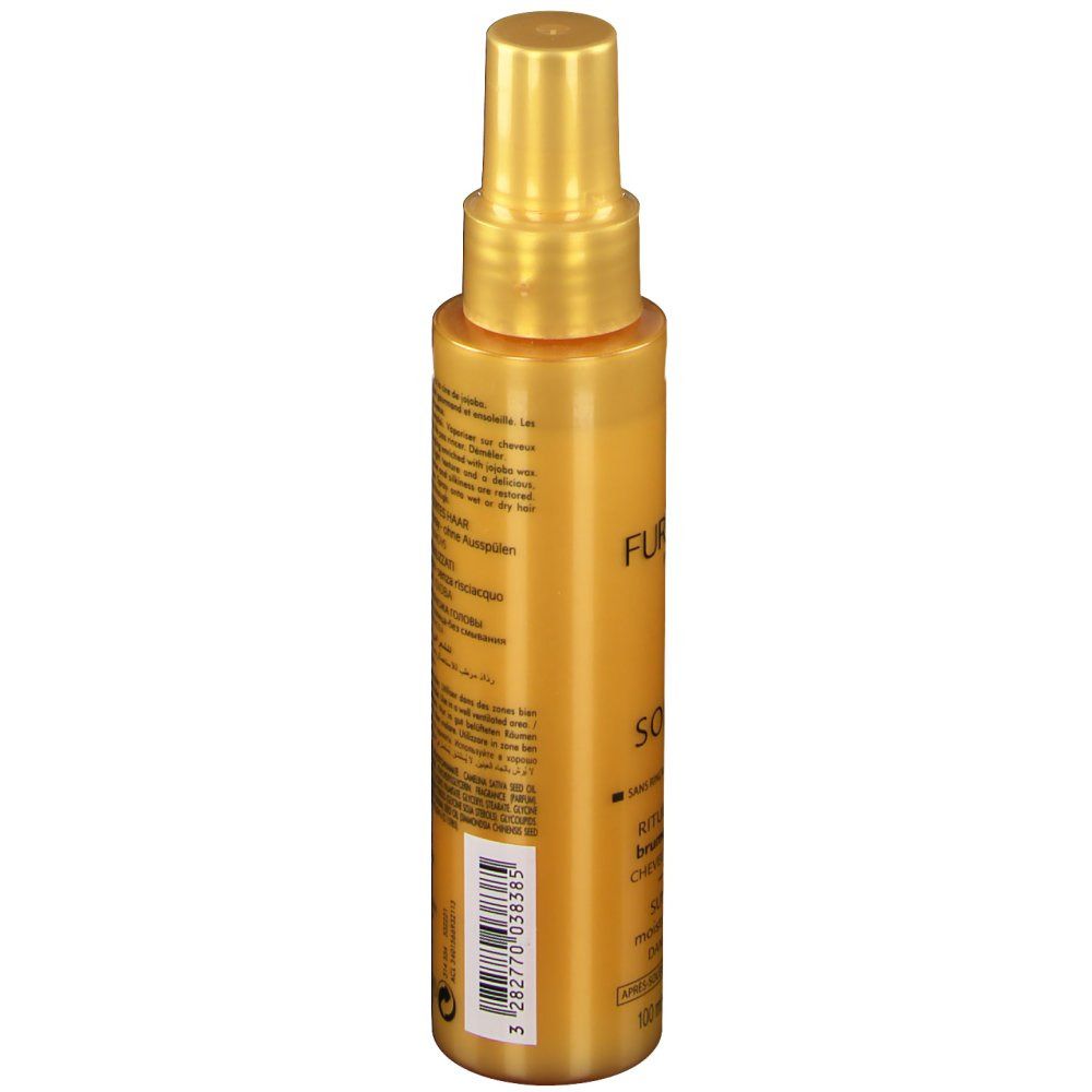 Flacon spray doré, vue latérale avec texte et code-barres. Contient du texte en plusieurs langues.