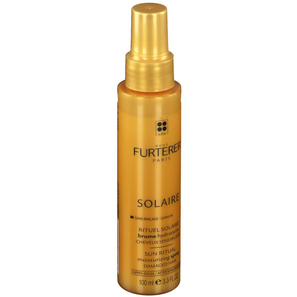 Flacon spray doré avec nom du produit et texte. Contient du texte en français et en anglais.