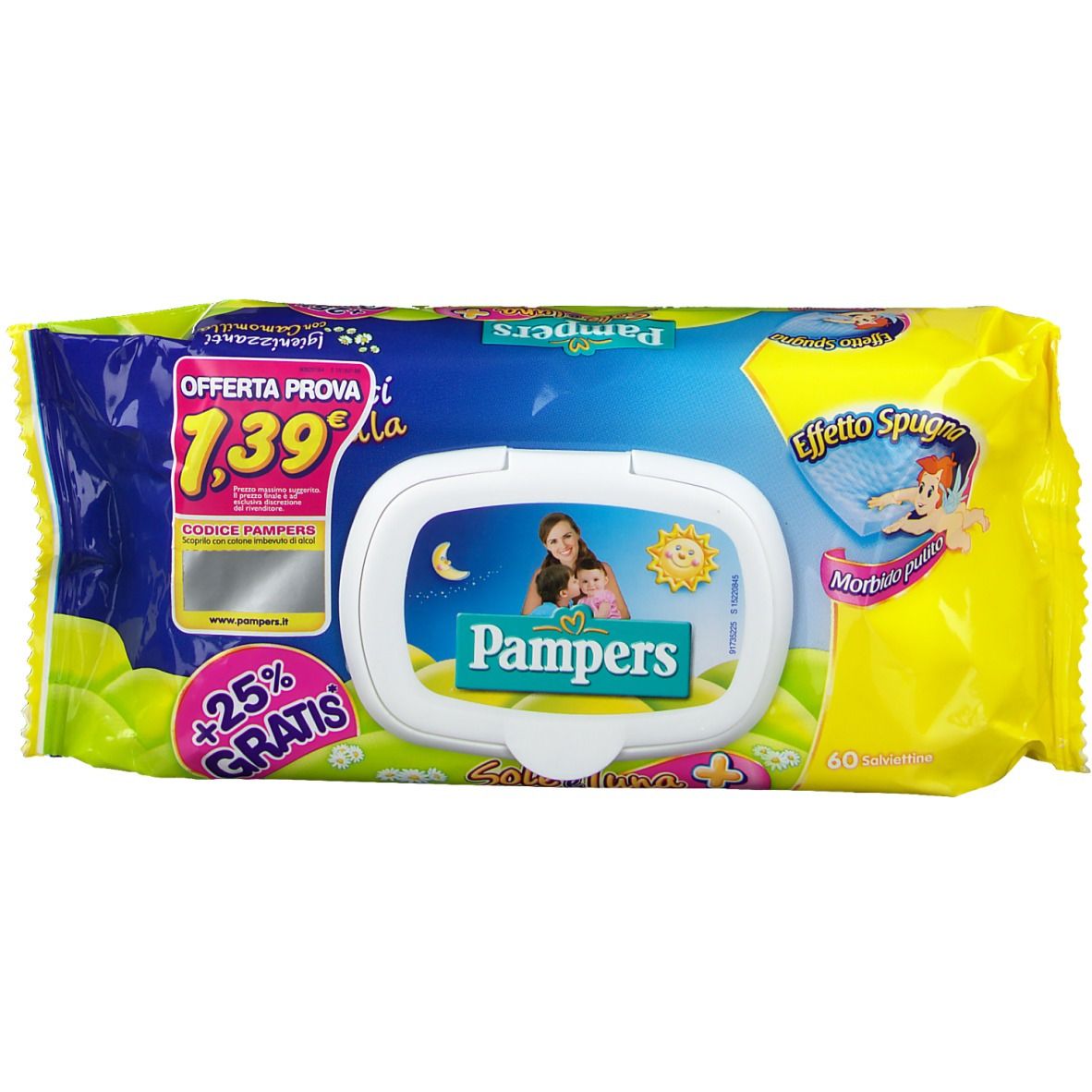 Pampers Sole + Luna Feuchttücher-Packung. Blaue und gelbe Verpackung mit Logo und Aufdruck. 60 Tücher.