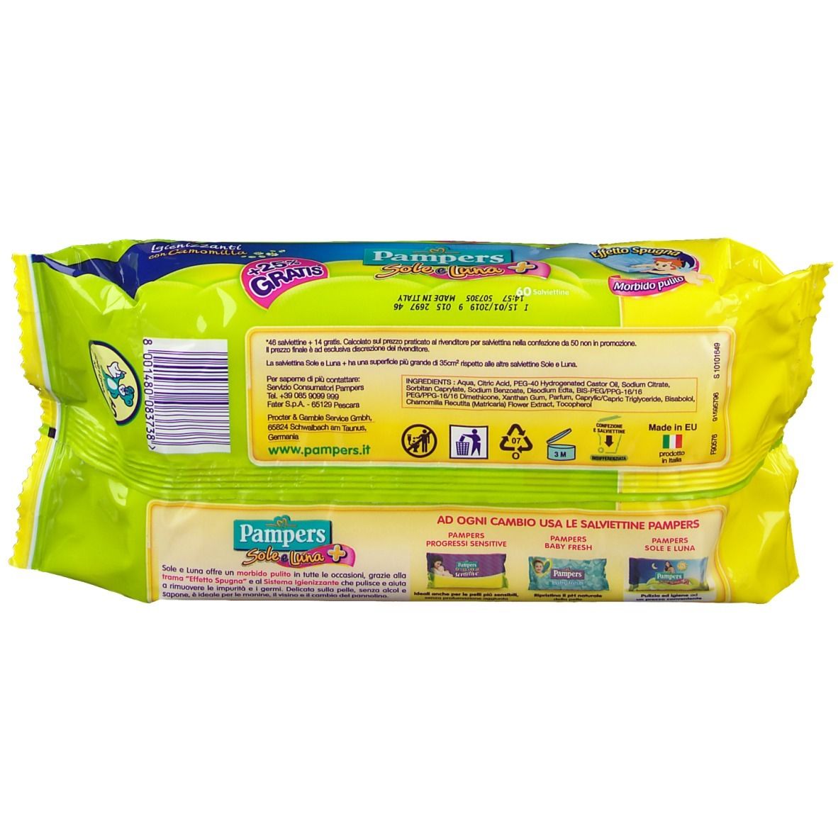 Rückseite der Pampers Sole + Luna Feuchttücher-Packung. Gelbe Verpackung mit Text und Logos. Inhaltsstoffe.