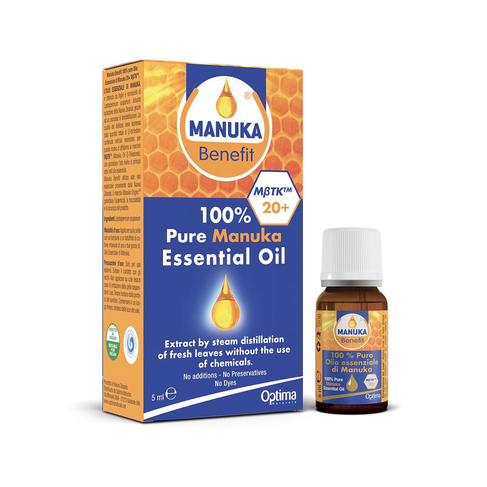 MANUKA Benefit 100% reines Manuka Ätherisches Öl, 5ml Flasche und Verpackung.