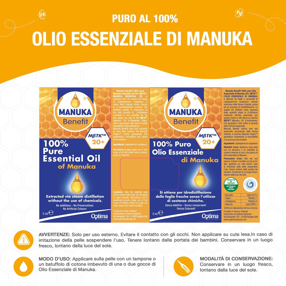 Verpackung und Flasche MANUKA Benefit 100% reines Manuka Öl, mit Hinweisen.