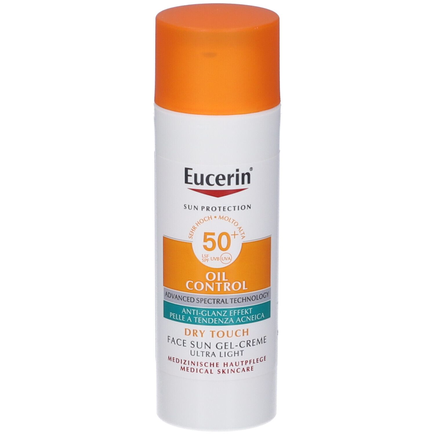 Tube blanche à bouchon orange. Inscription : Eucerin, Sun Protection, Oil Control, SPF 50+, Dry Touch.