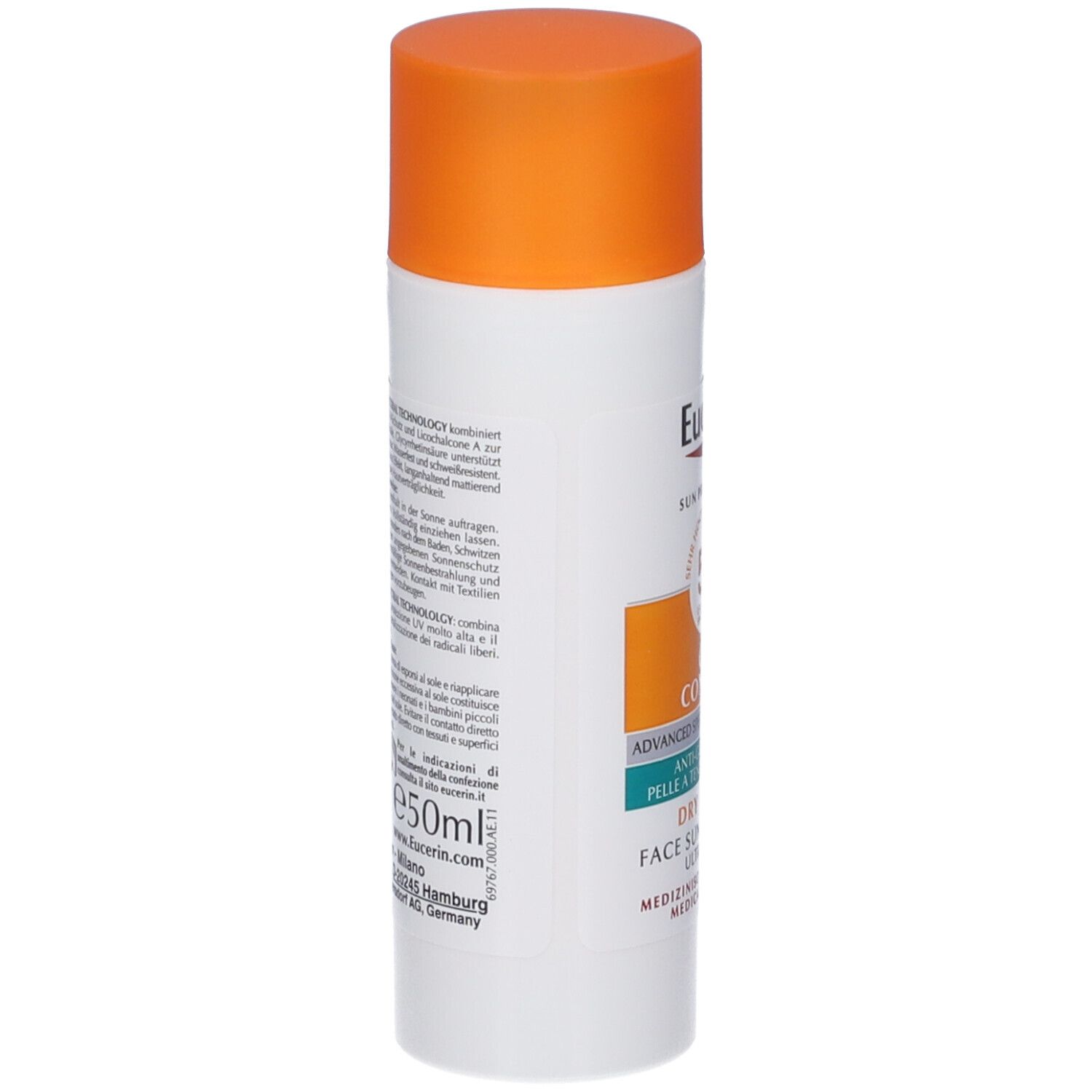 Tube blanche à bouchon orange. Texte au dos. Inscription : Eucerin, 50ml.