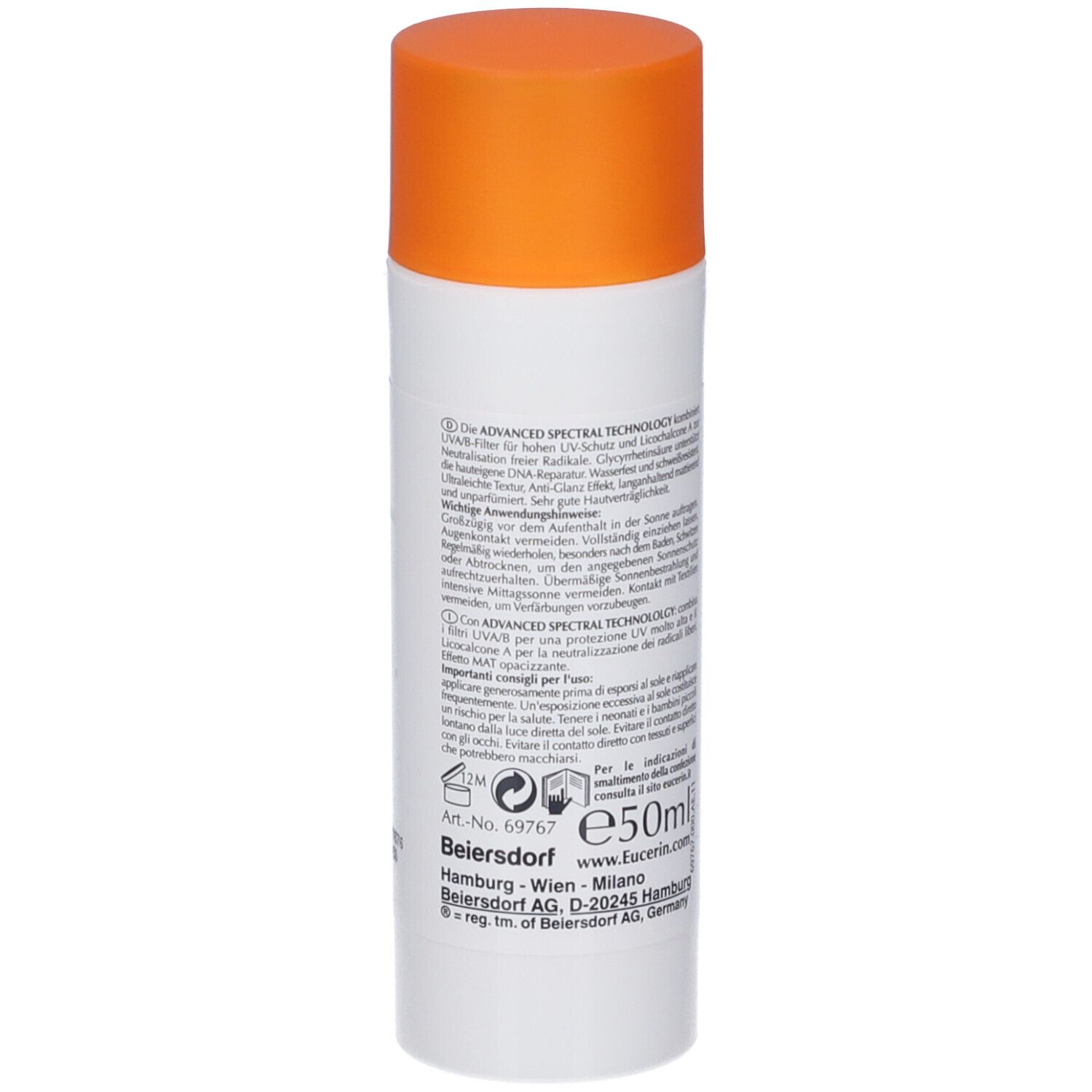 Tube blanche à bouchon orange. Texte au dos. Inscription : Eucerin, 50ml.