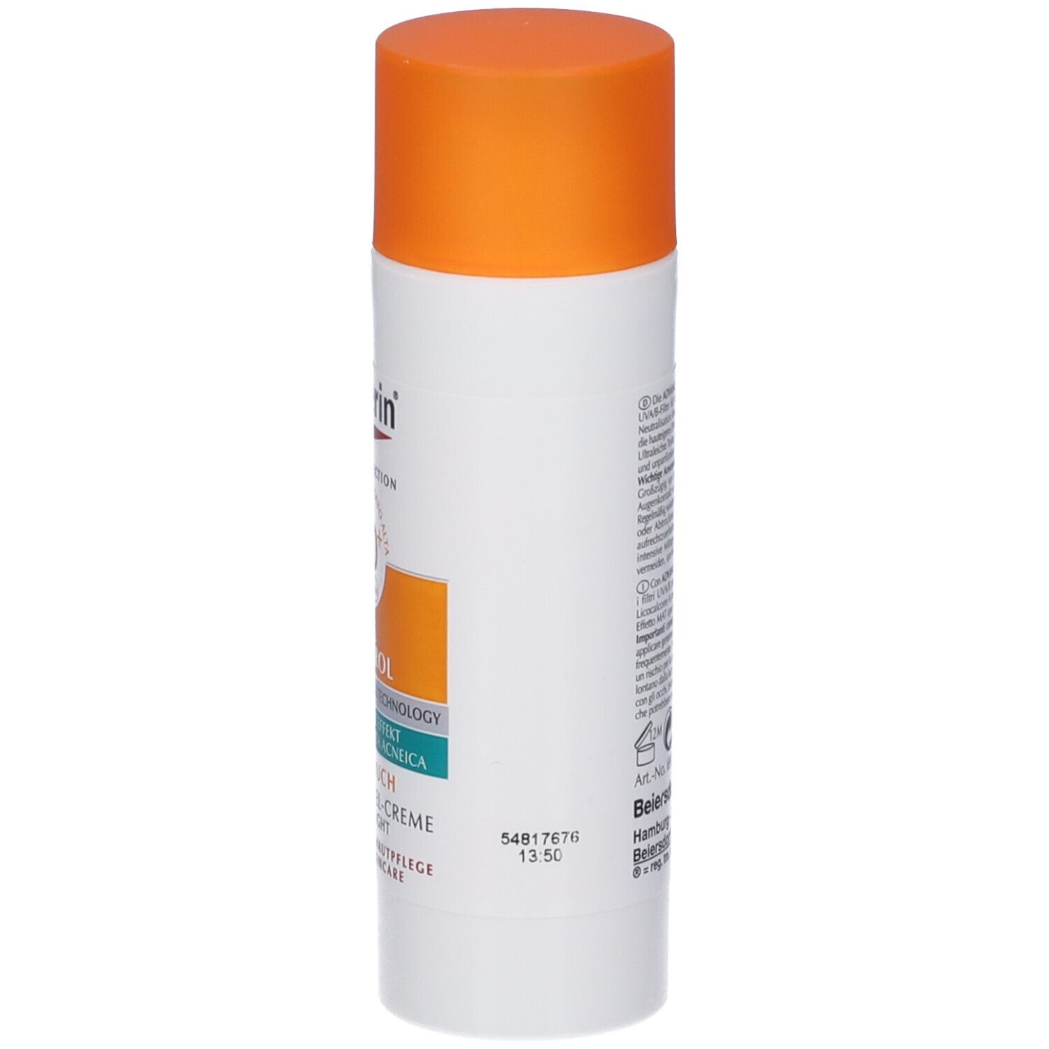 Tube blanche à bouchon orange. Texte au dos. Inscription : Eucerin, 50ml.