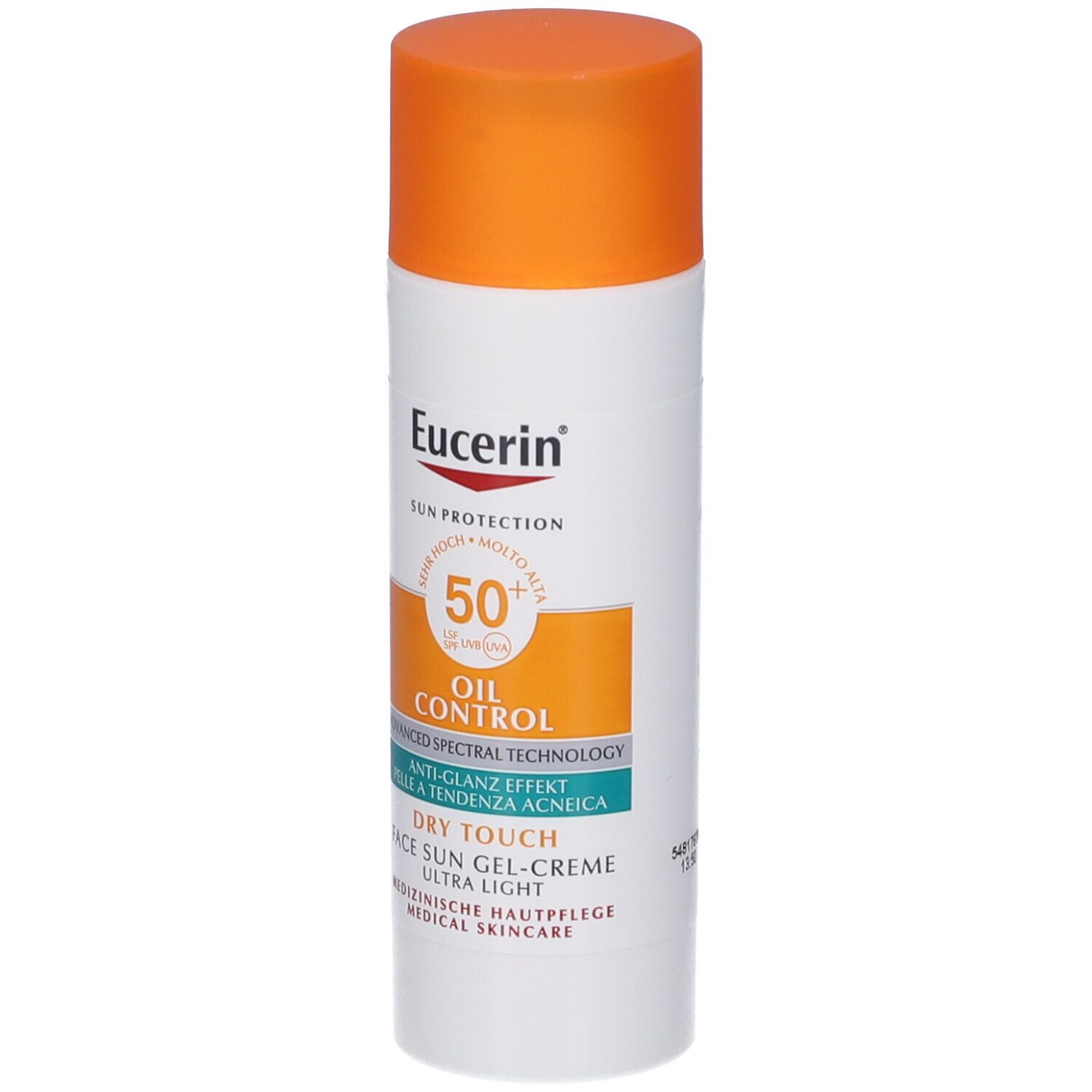 Tube blanche à bouchon orange. Inscription : Eucerin, Sun Protection, Oil Control, SPF 50+, Dry Touch.