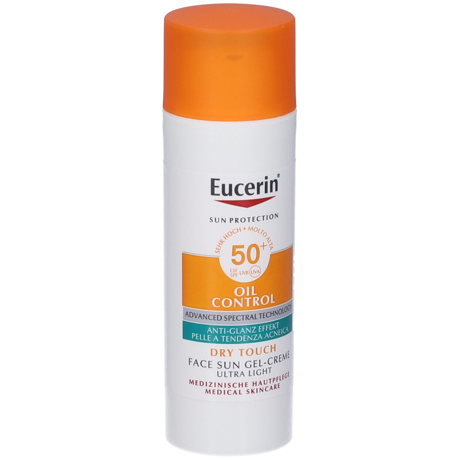 Tube blanche à bouchon orange. Inscription : Eucerin, Sun Protection, Oil Control, SPF 50+, Dry Touch.