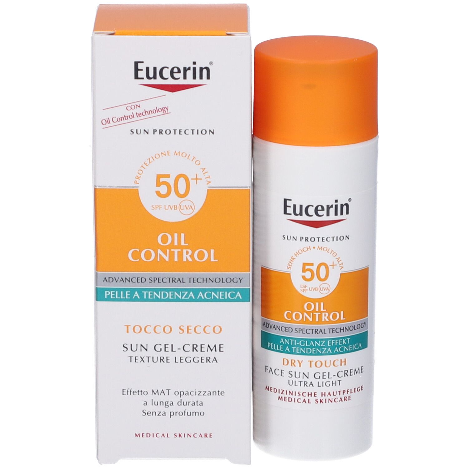 Emballage et tube du produit. Inscription : Eucerin, Sun Protection, Oil Control, SPF 50+, Dry Touch.