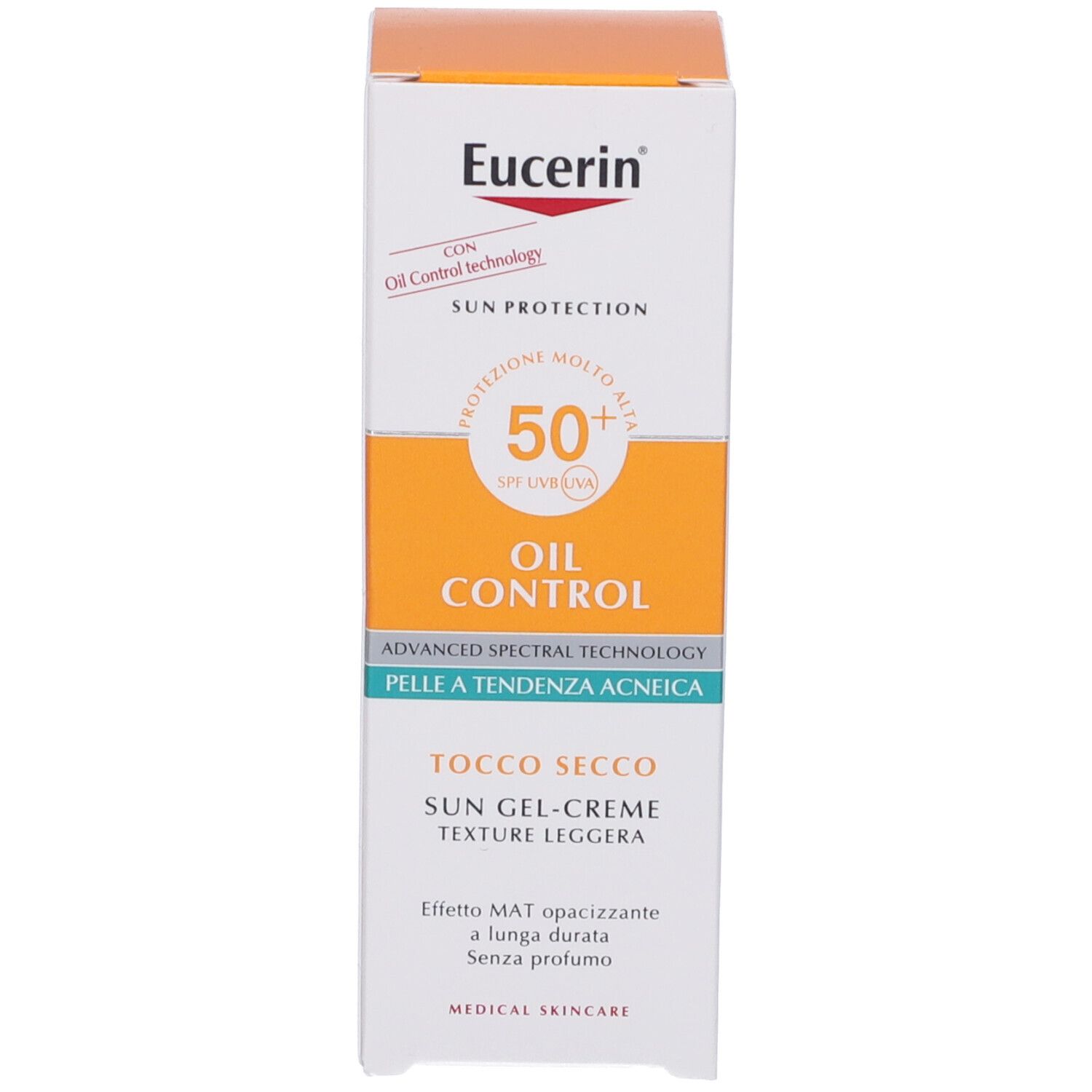 Emballage du produit. Inscription : Eucerin, Sun Protection, Oil Control, SPF 50+, Dry Touch.