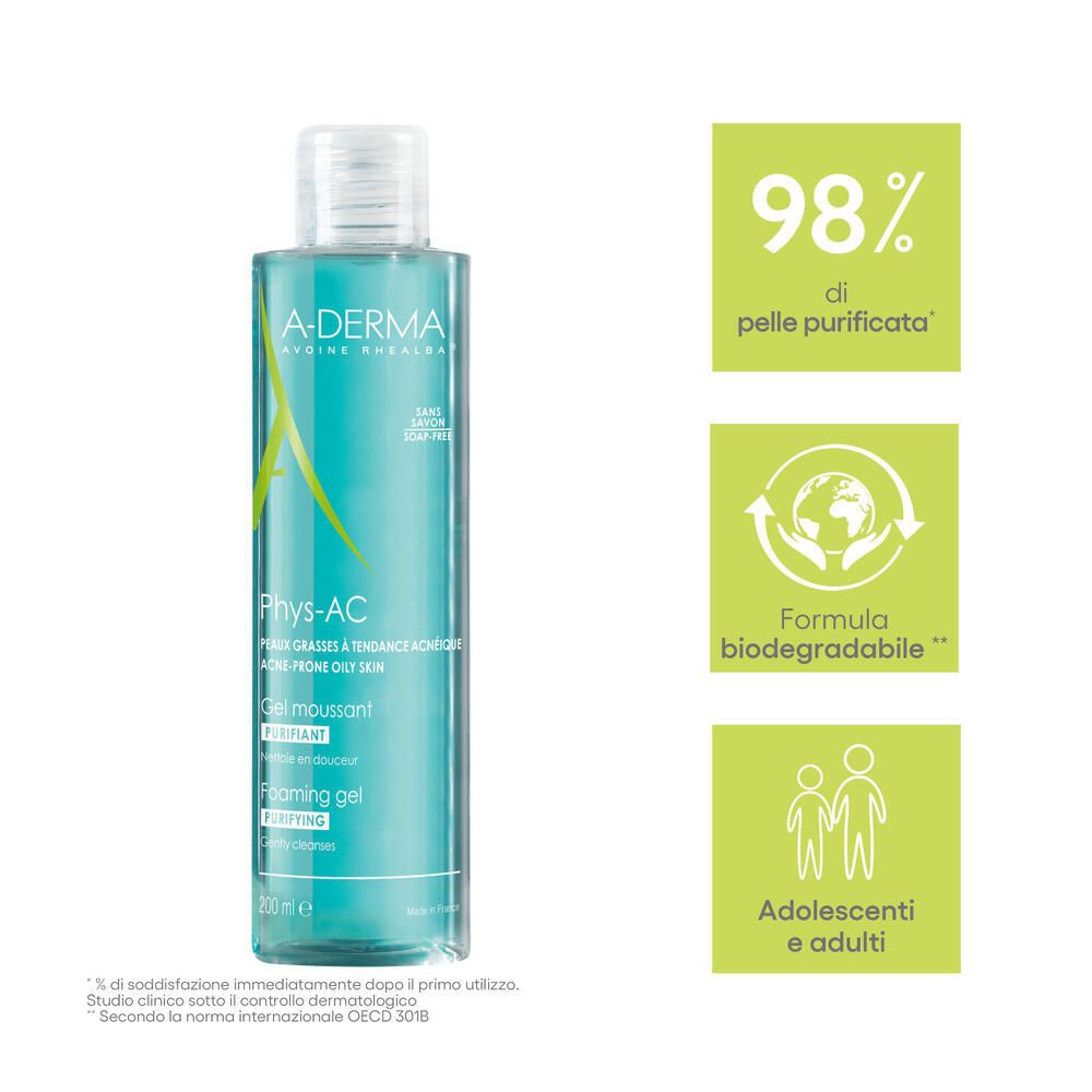 Gel nettoyant A-DERMA Phys-AC. Flacon avec graphiques verts. 98% peau purifiée. Formule biodégradable. Adolescents et adultes.
