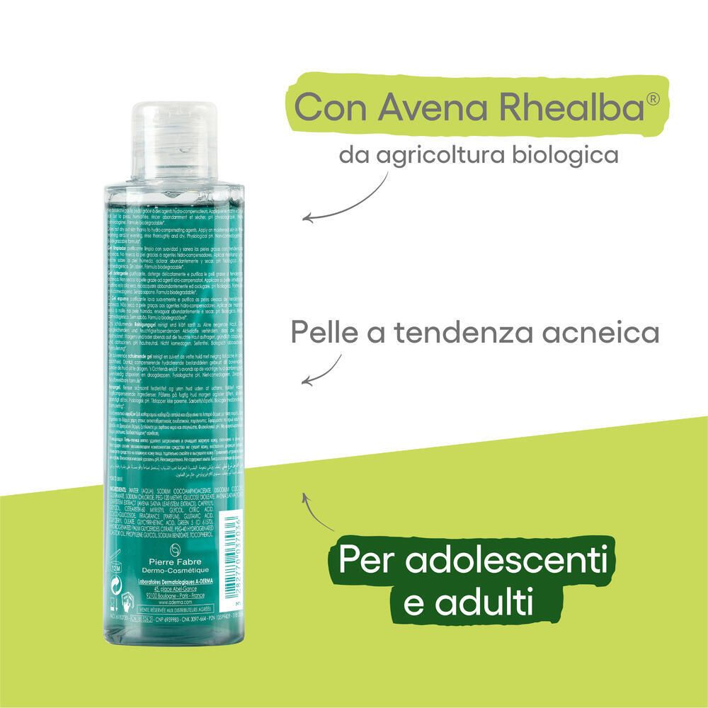 Dos du flacon A-DERMA Phys-AC. Avec Avena Rhealba bio. Peaux à tendance acnéique. Pour adolescents et adultes.