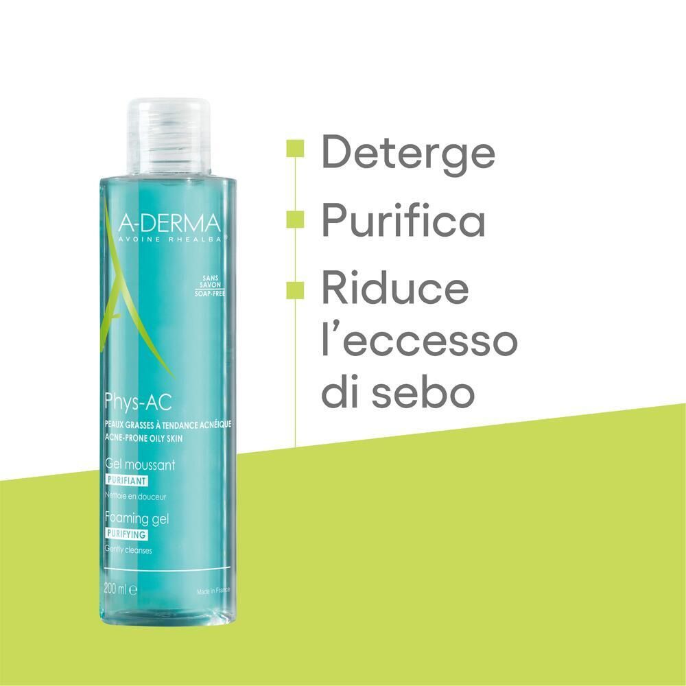 Gel nettoyant A-DERMA Phys-AC. Nettoie, purifie et réduit l'excès de sébum. Graphiques verts.
