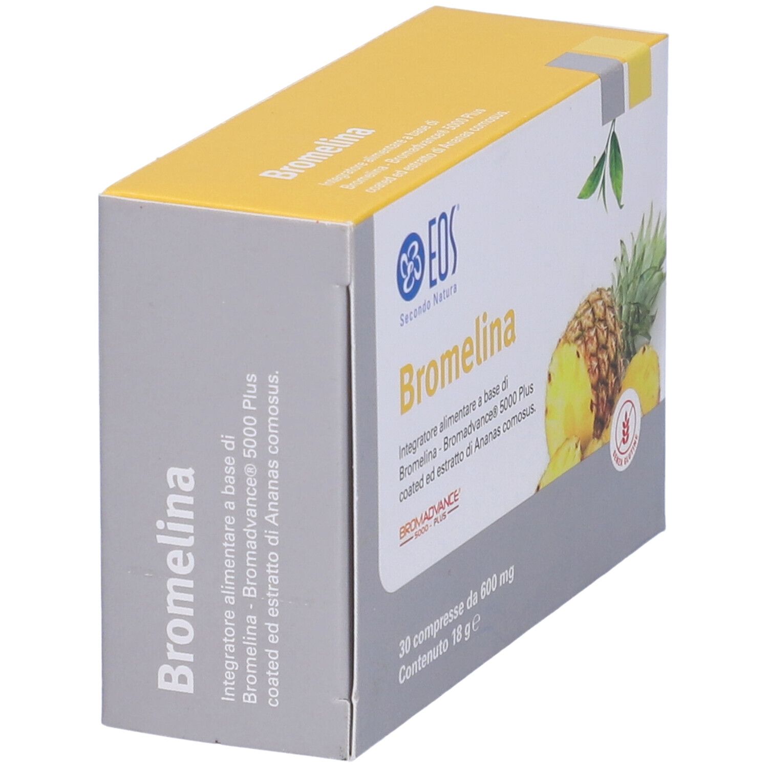 Boîte de Bromelina EOS® en biais. Inscription : Bromelina, illustration d'ananas.