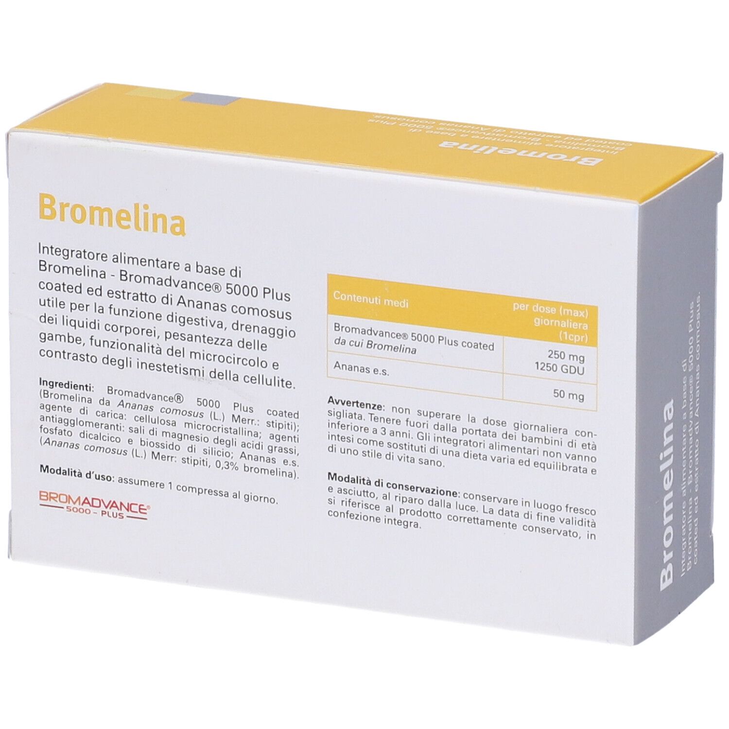Dos de la boîte de Bromelina EOS®. Texte : ingrédients, dosage, avertissements.