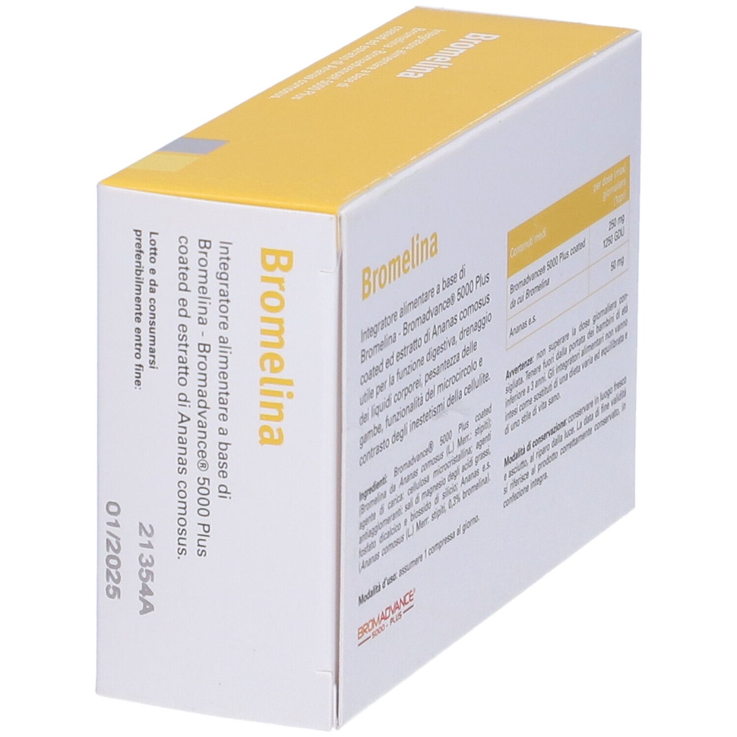 Vue latérale de la boîte de Bromelina EOS®. Texte : ingrédients, dosage, durabilité.