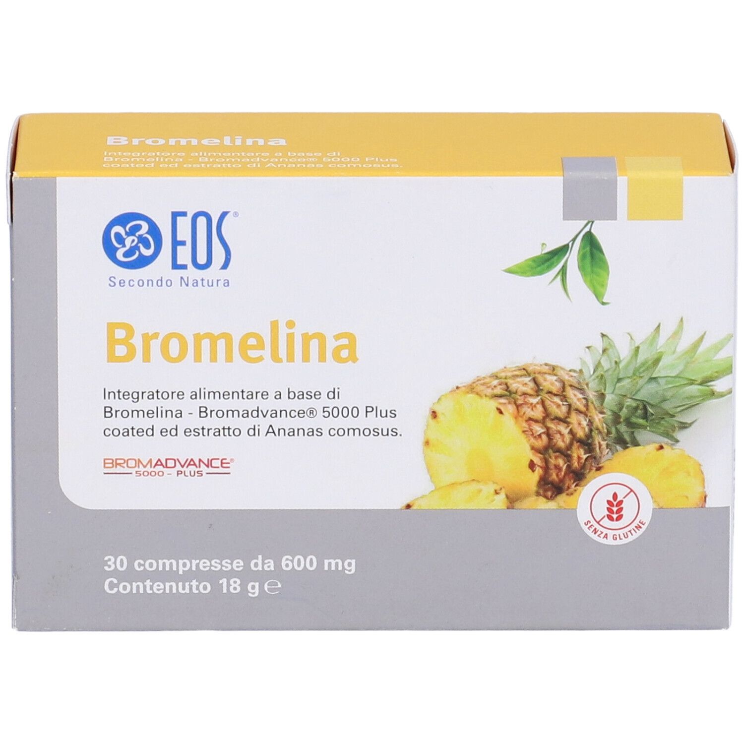 Boîte de Bromelina EOS®. Inscription : Bromelina, illustration d'ananas, 30 comprimés, sans gluten.
