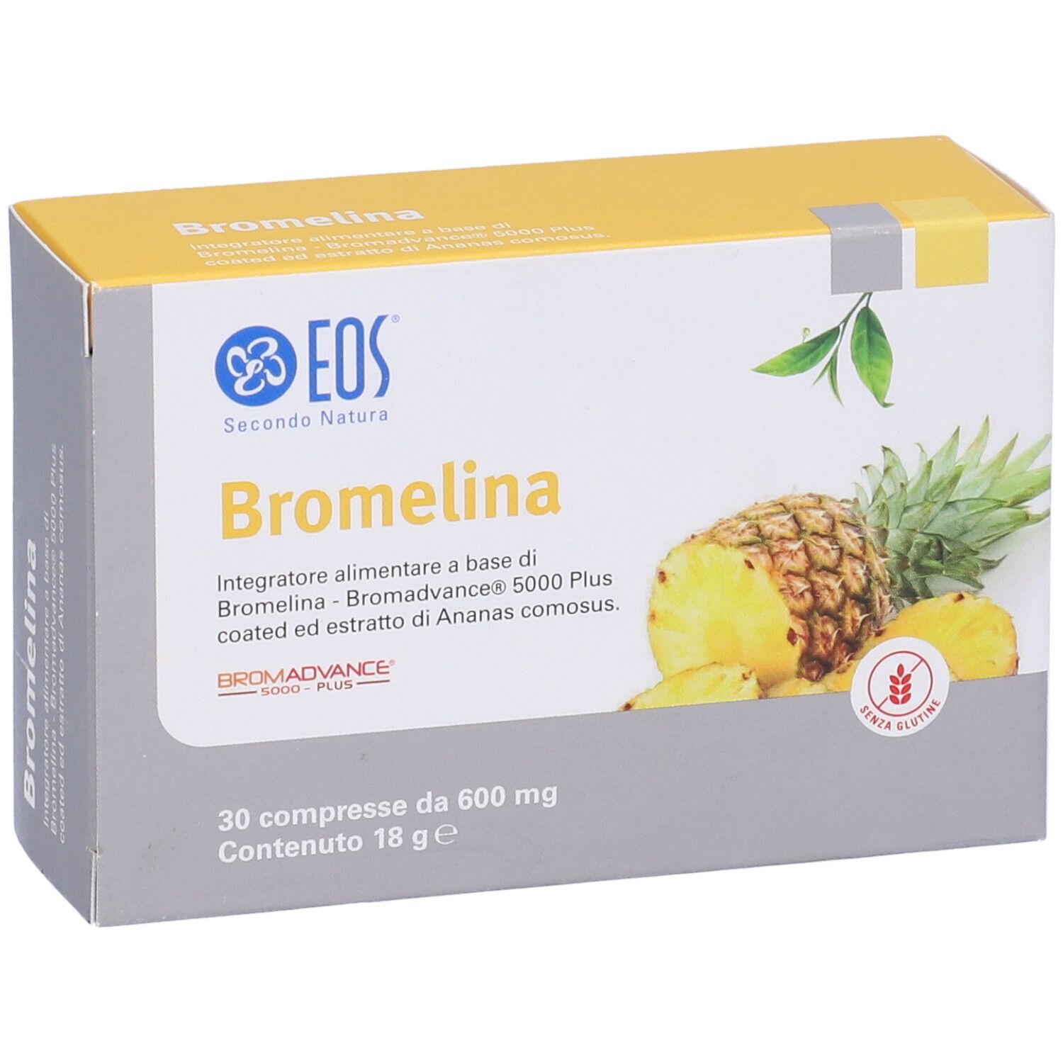 Boîte de Bromelina EOS®. Inscription : Bromelina, illustration d'ananas, 30 comprimés, sans gluten.