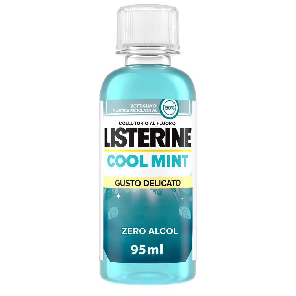 Blaues Mundwasser in einer Flasche mit weißem Deckel. Aufschrift: Listerine Cool Mint, 95 ml.