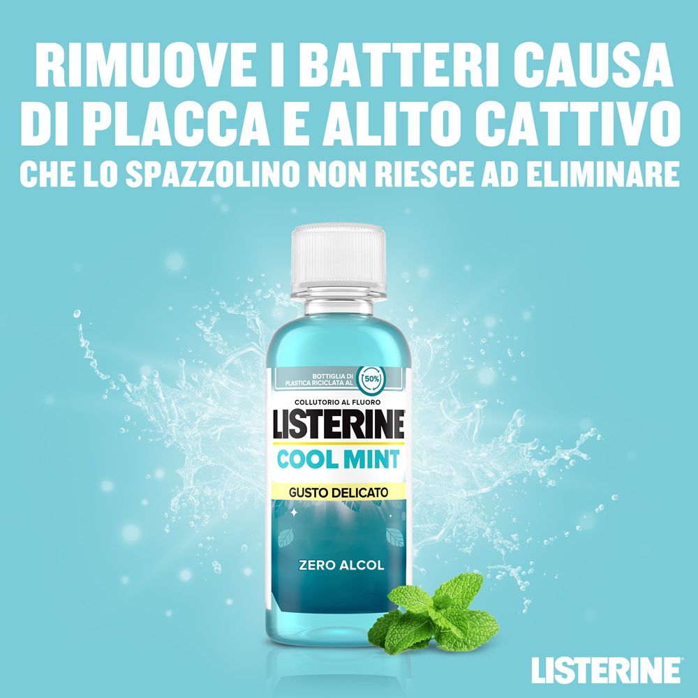 Blaues Mundwasser in einer Flasche. Text: Listerine Cool Mint. Entfernt Bakterien, die Plaque und Mundgeruch verursachen.