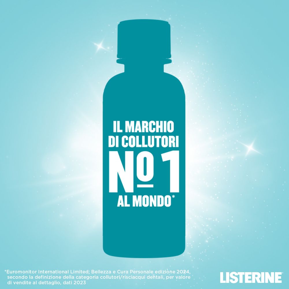 Blaue Silhouette einer Mundwasserflasche. Text: Die weltweit führende Marke für Mundwasser.