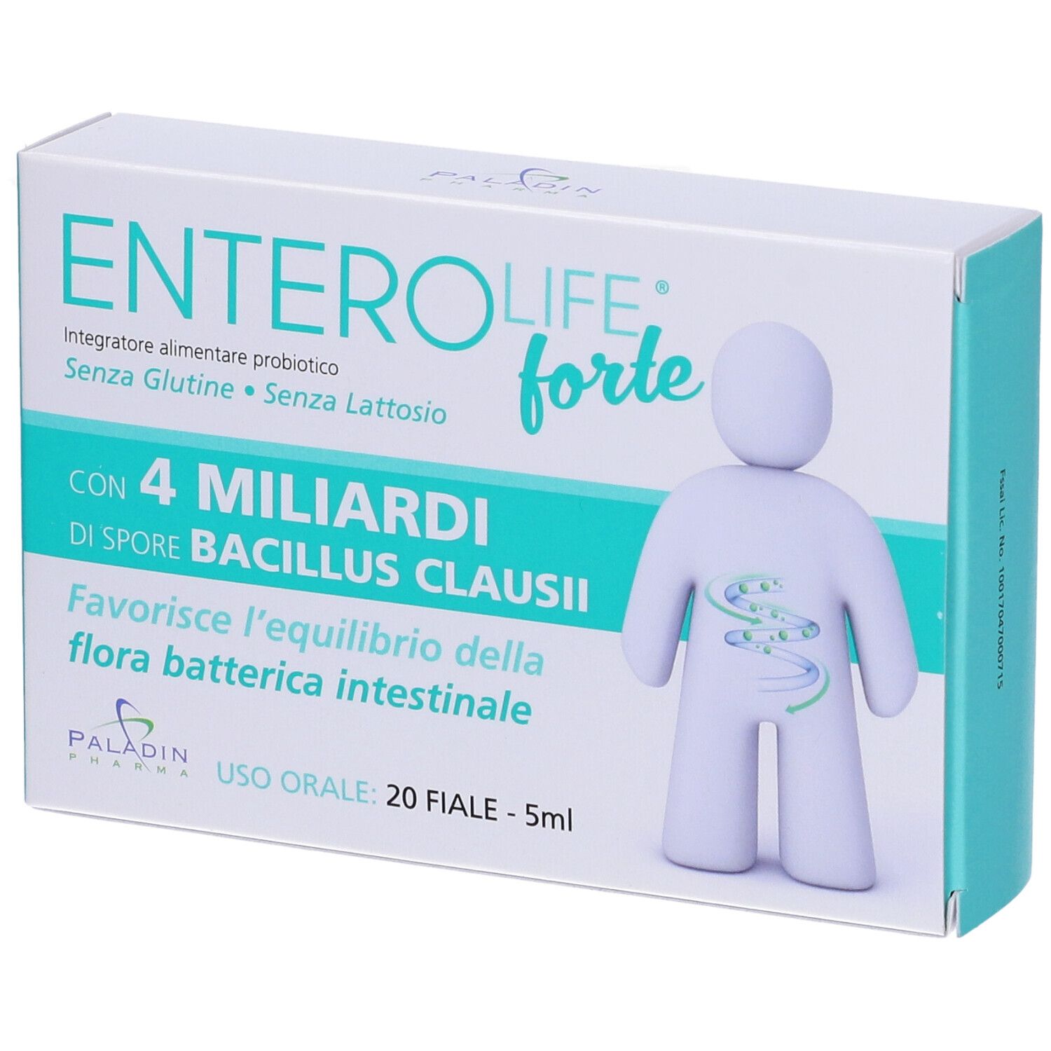 Boîte de ENTEROLIFE forte. Contient 20 flacons. Inscription : 4 milliards de spores de Bacillus Clausii. Sans gluten et sans lactose.