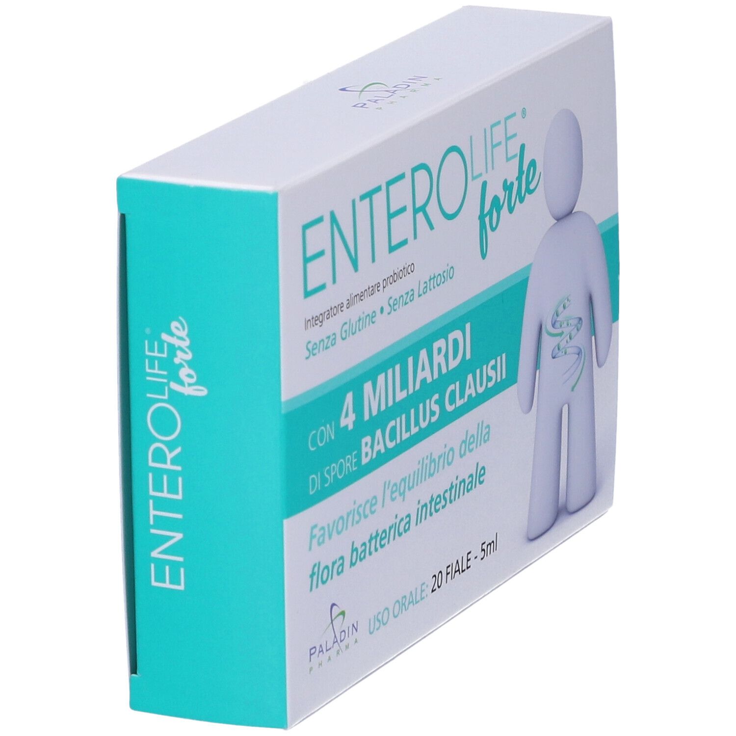 Boîte de ENTEROLIFE forte en biais. Contient 20 flacons. Inscription : 4 milliards de spores de Bacillus Clausii. Sans gluten et sans lactose.