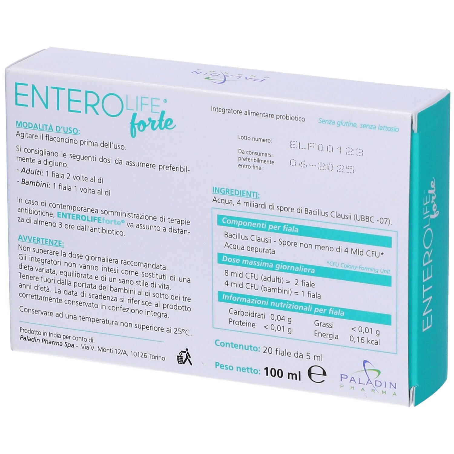 Dos de la boîte ENTEROLIFE forte. Contient des informations sur les ingrédients, la posologie et les valeurs nutritionnelles. 20 flacons, 5 ml.