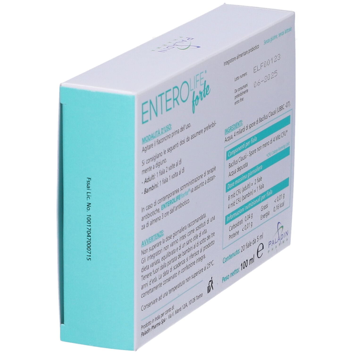 Dos de la boîte ENTEROLIFE forte en biais. Informations sur les ingrédients, la posologie et les valeurs nutritionnelles. 20 flacons, 5 ml.