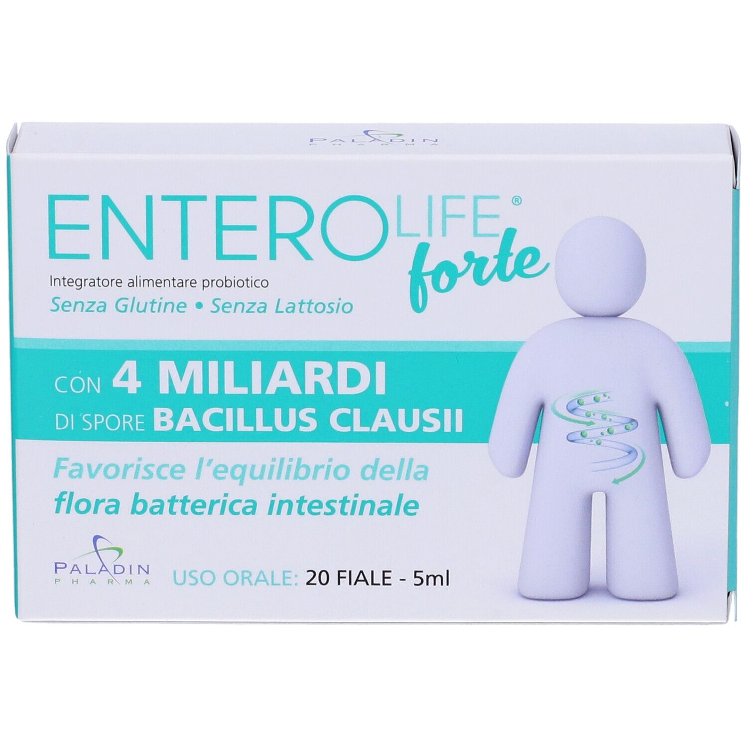Boîte de ENTEROLIFE forte. Contient 20 flacons. Inscription : 4 milliards de spores de Bacillus Clausii. Sans gluten et sans lactose.