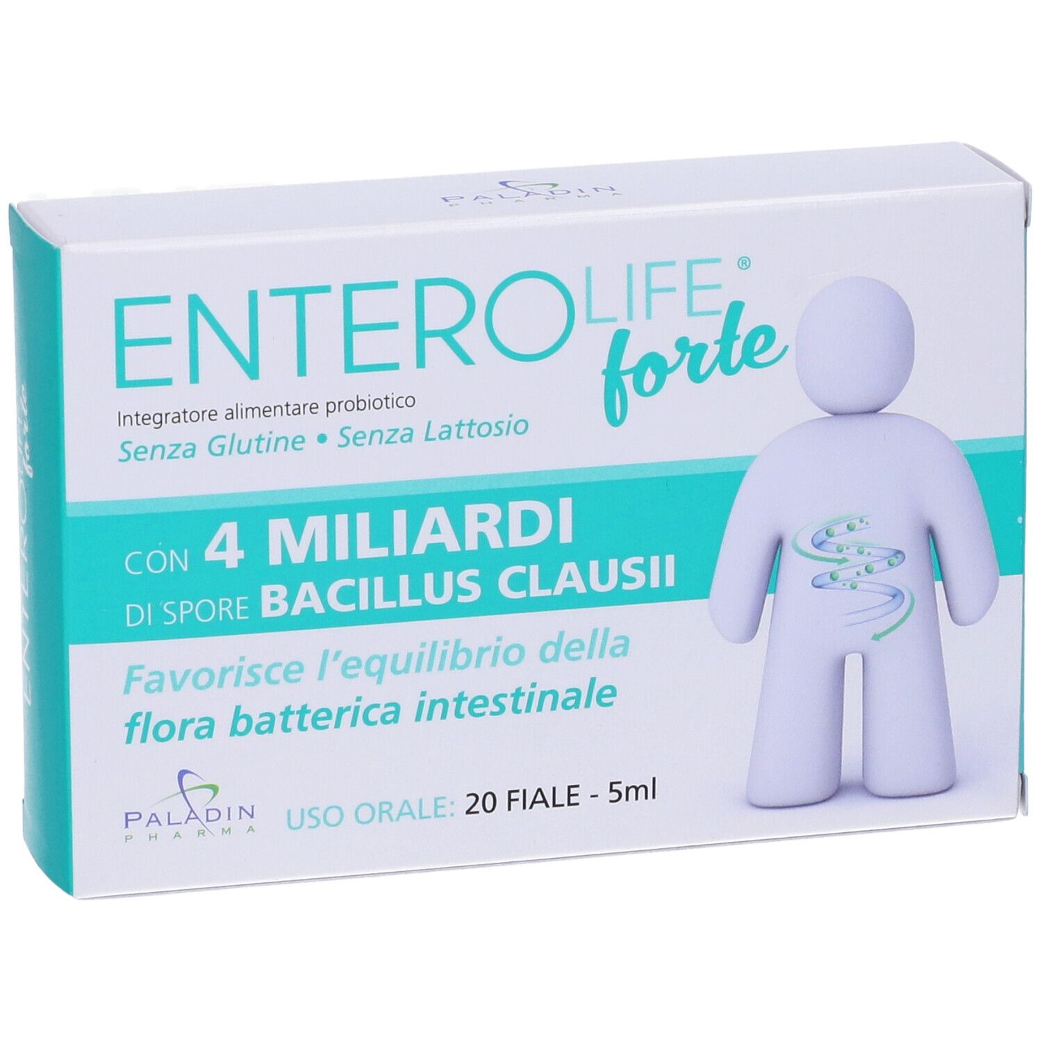Boîte de ENTEROLIFE forte. Contient 20 flacons. Inscription : 4 milliards de spores de Bacillus Clausii. Sans gluten et sans lactose.