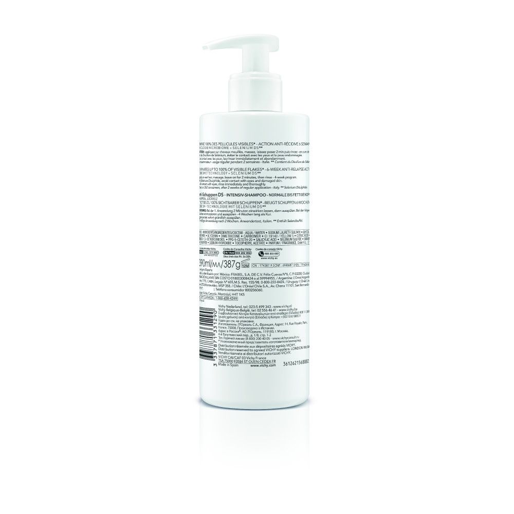 Dos du flacon Vichy Dercos Shampooing Anti-Pelliculaire avec informations d'utilisation.