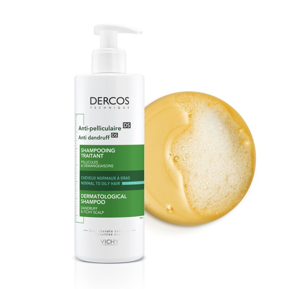 Shampooing Vichy Dercos à côté d'un cercle de mousse.
