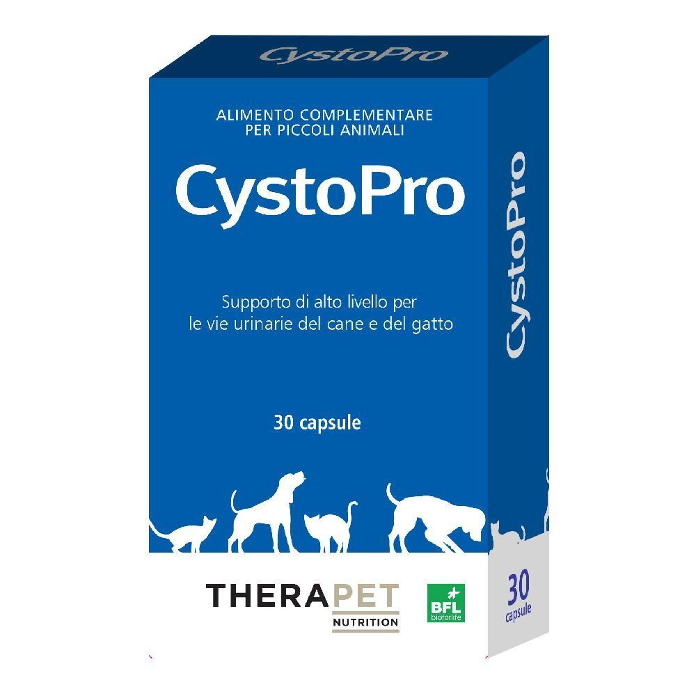 Boîte bleue et blanche avec logo "CystoPro" et texte. Contient 30 gélules. Illustration de chiens et chats.