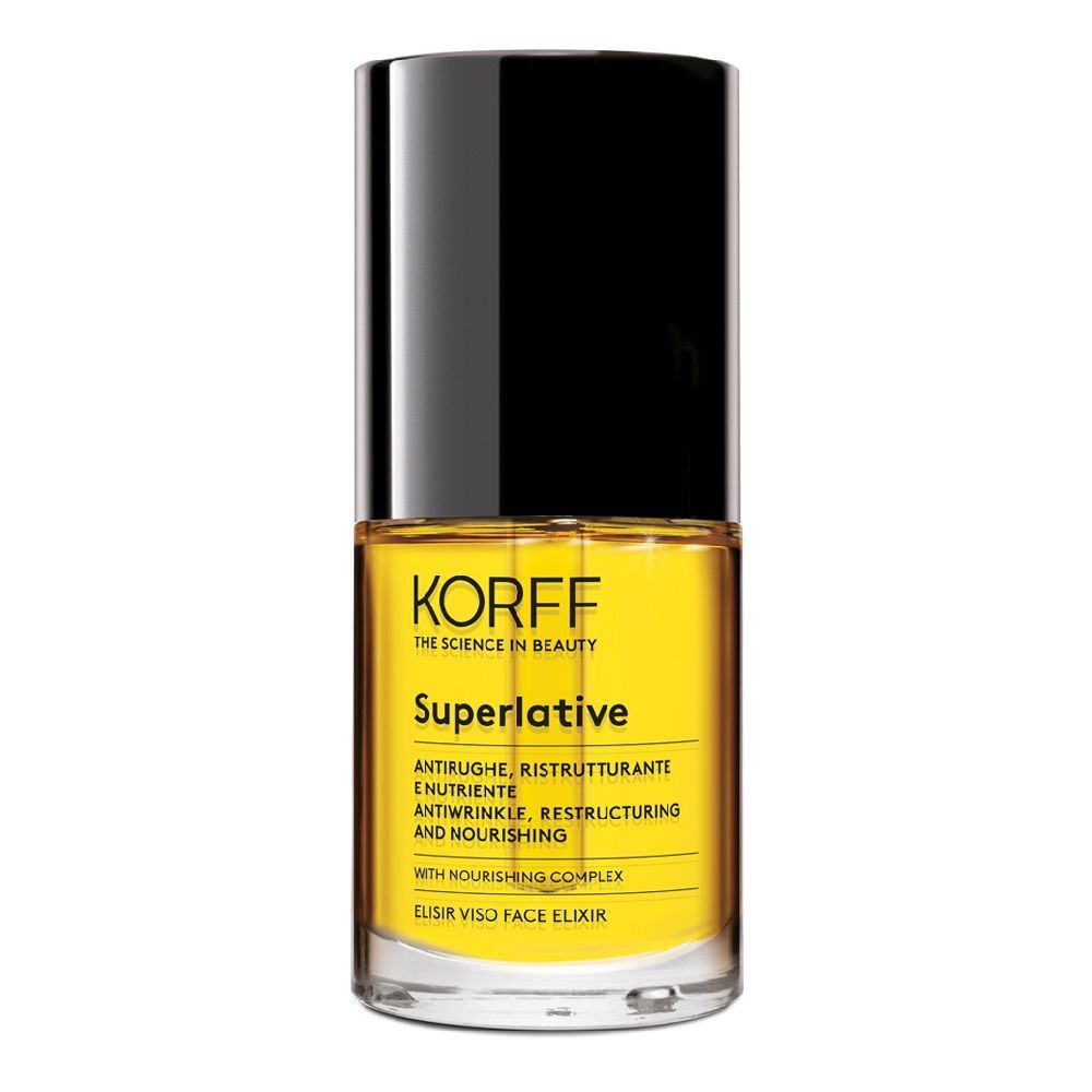 Élixir facial KORFF Superlative. Flacon noir et transparent. Liquide jaune visible.