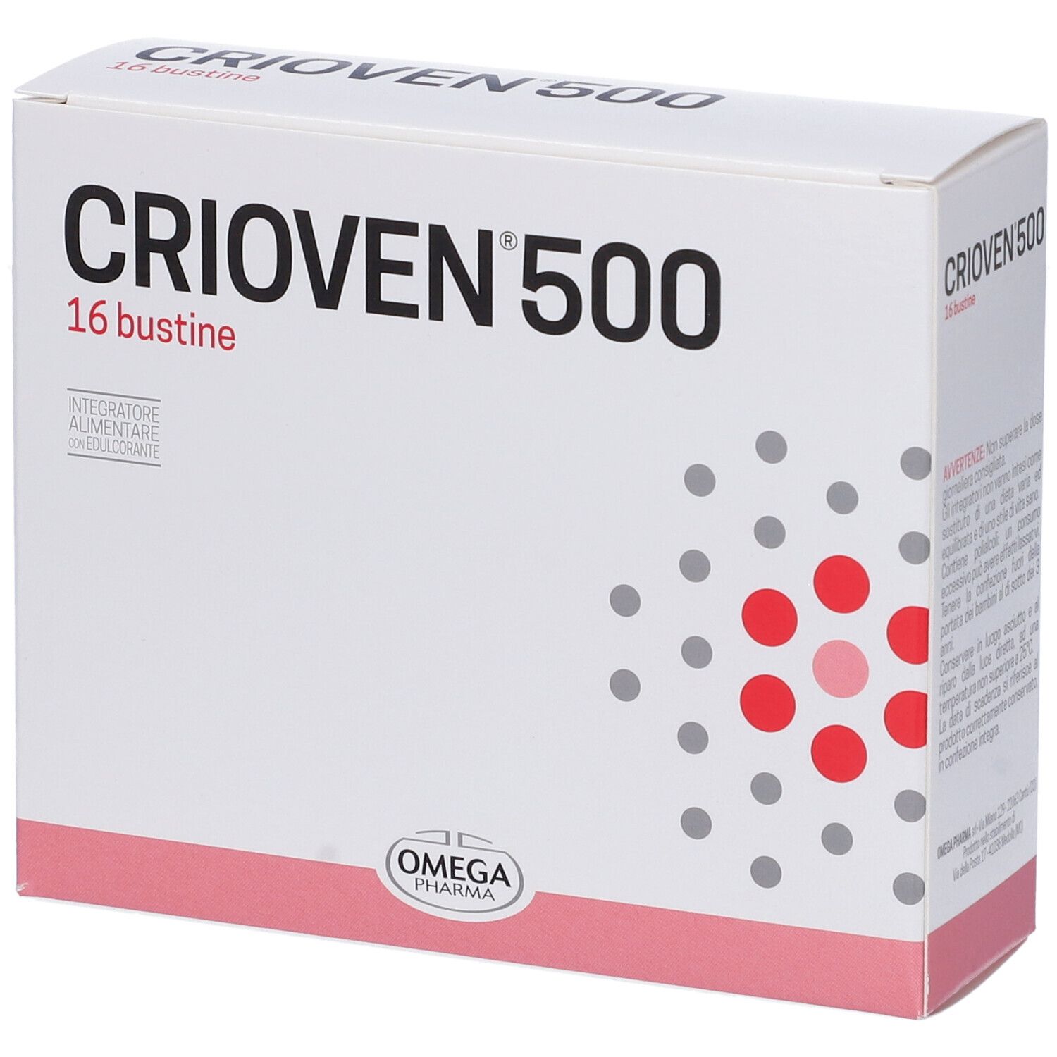 Boîte "CRIOVN 500", 16 sachets. Points rouges sur fond blanc. Logo "OMEGA PHARMA".