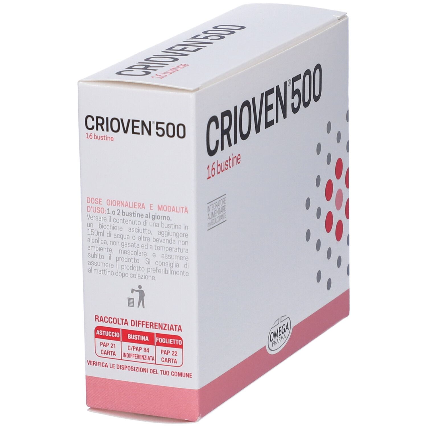 Boîte "CRIOVN 500", 16 sachets. Texte et points rouges. Logo "OMEGA PHARMA".