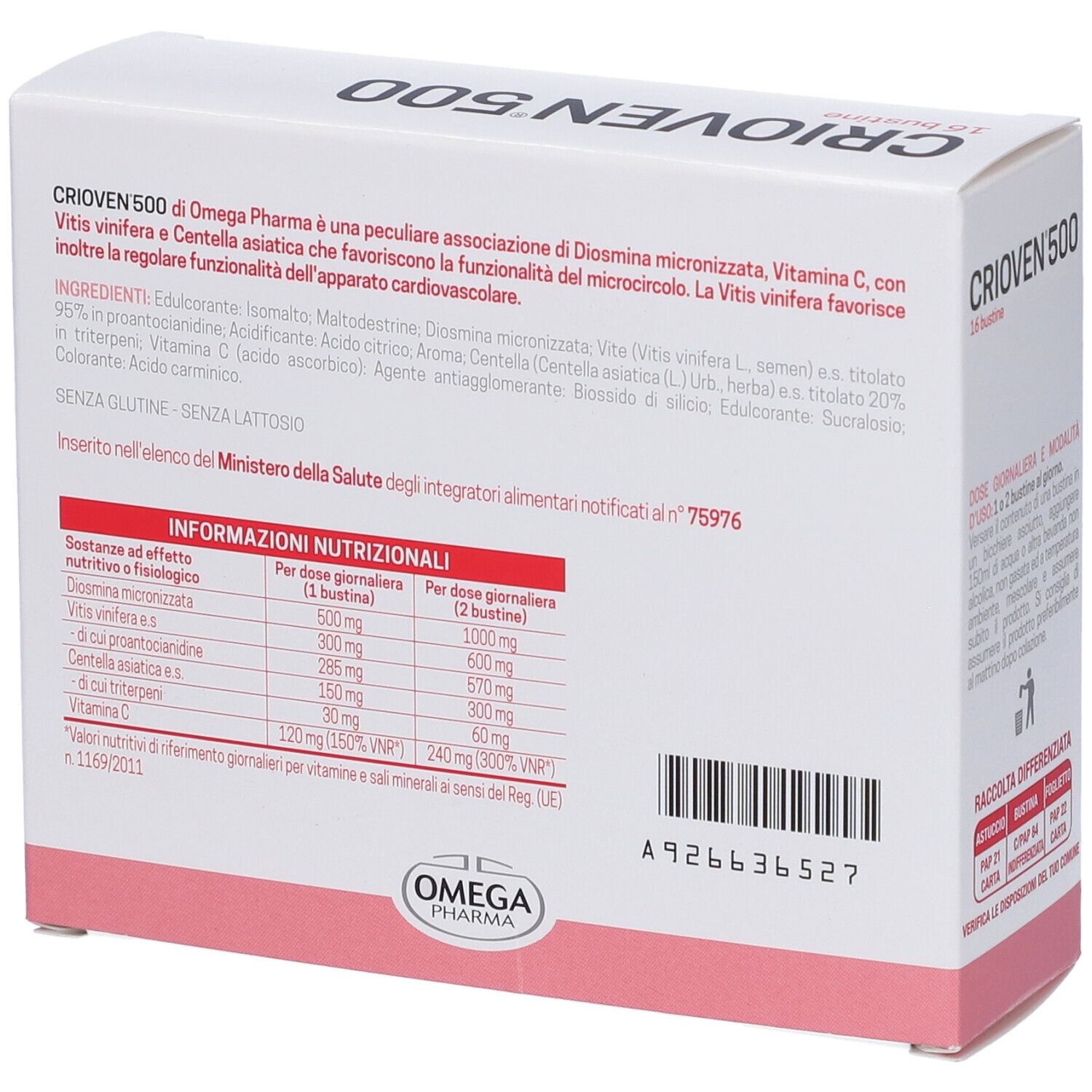 Dos de la boîte "CRIOVN 500". Texte avec ingrédients et informations nutritionnelles. Logo "OMEGA PHARMA".