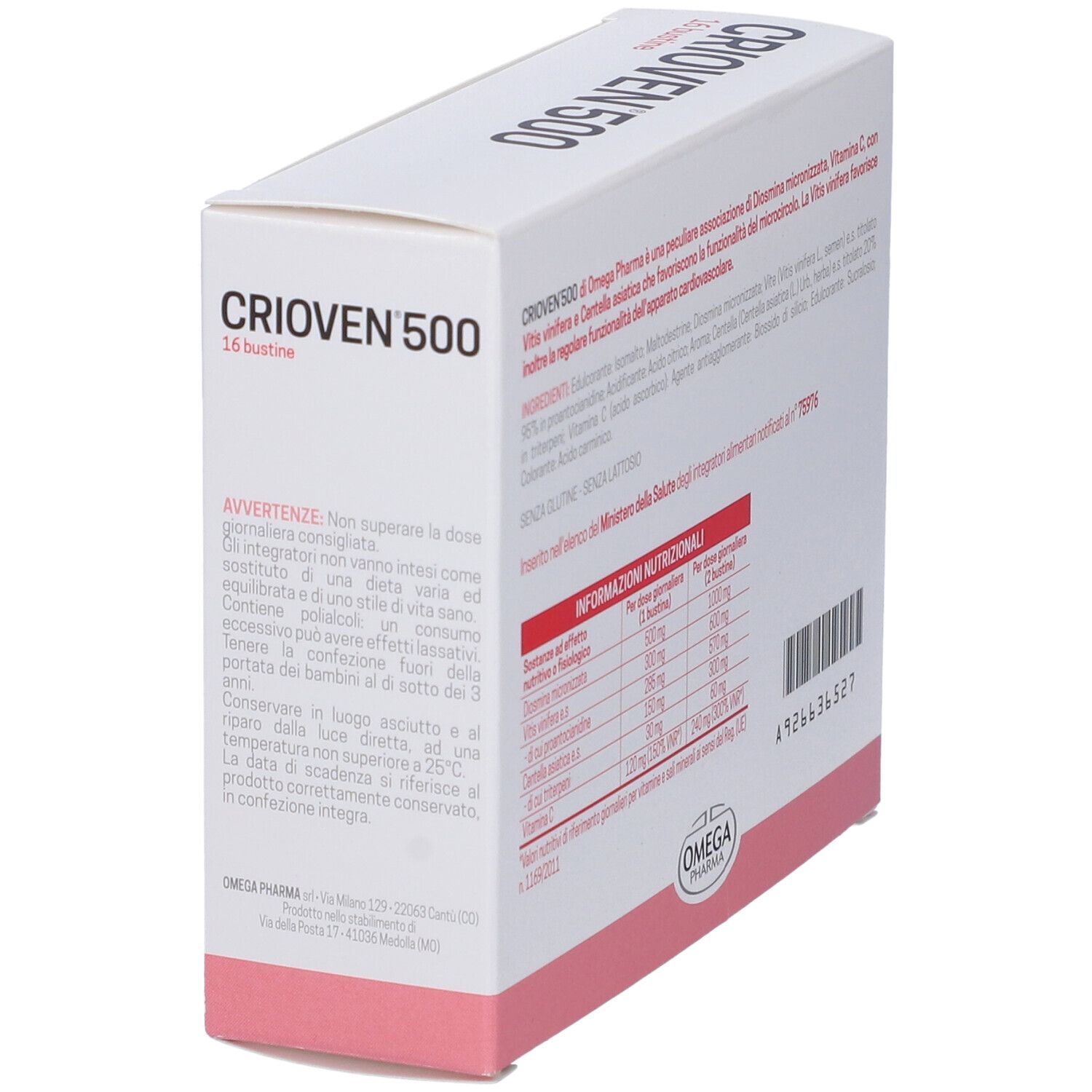 Boîte "CRIOVN 500". Texte avec avertissements et informations nutritionnelles. Logo "OMEGA PHARMA".