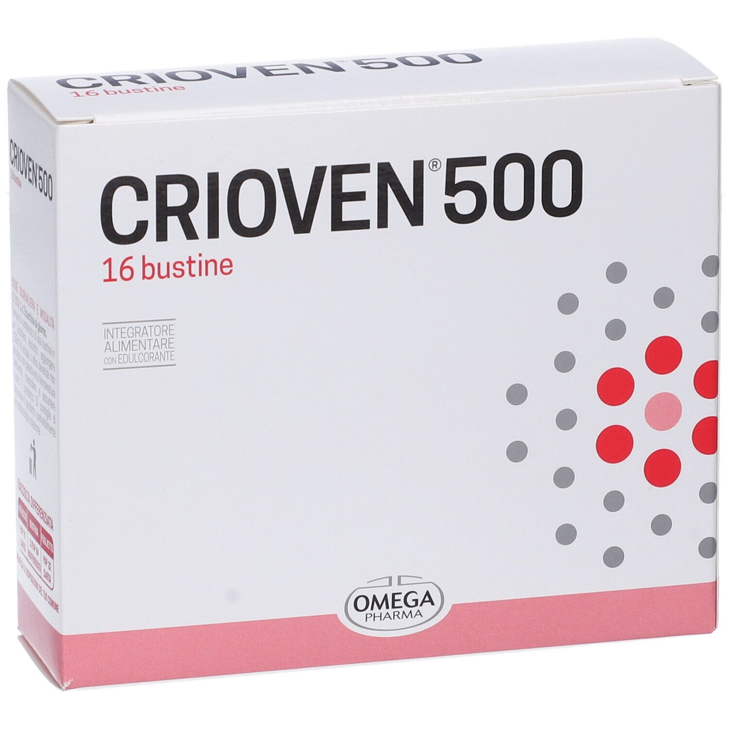 Boîte "CRIOVN 500", 16 sachets. Points rouges sur fond blanc. Logo "OMEGA PHARMA".