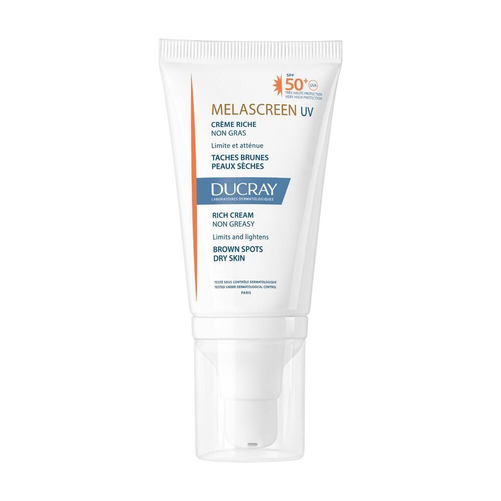 Weiße Tube mit Ducray Melascreen UV Rich Cream SPF 50+. Orangefarbener Aufdruck, Produktname und Text. Transparenter Verschluss.