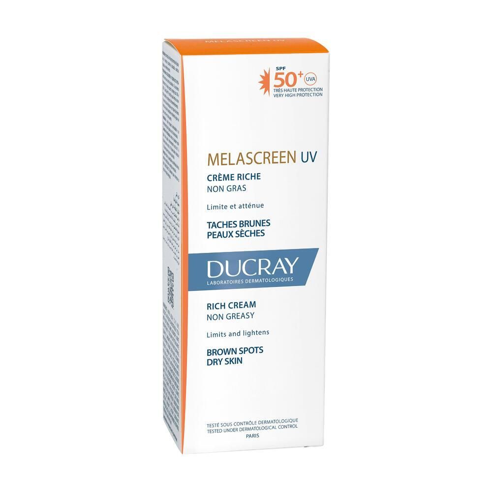 Weiße Schachtel mit Ducray Melascreen UV Rich Cream SPF 50+. Orangefarbener Aufdruck, Produktname und Text.