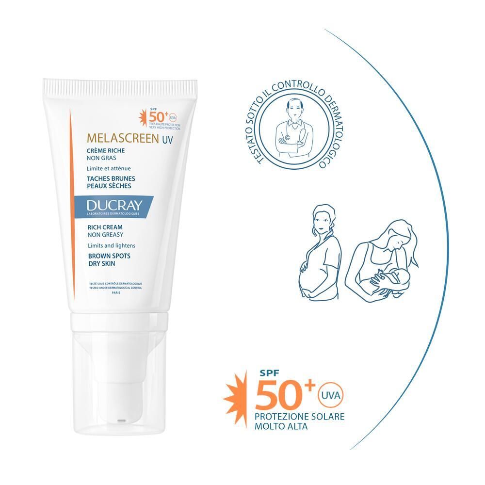 Weiße Tube mit Ducray Melascreen UV Rich Cream SPF 50+. Logo dermatologisch getestet. Schwangere und stillende Frauen.