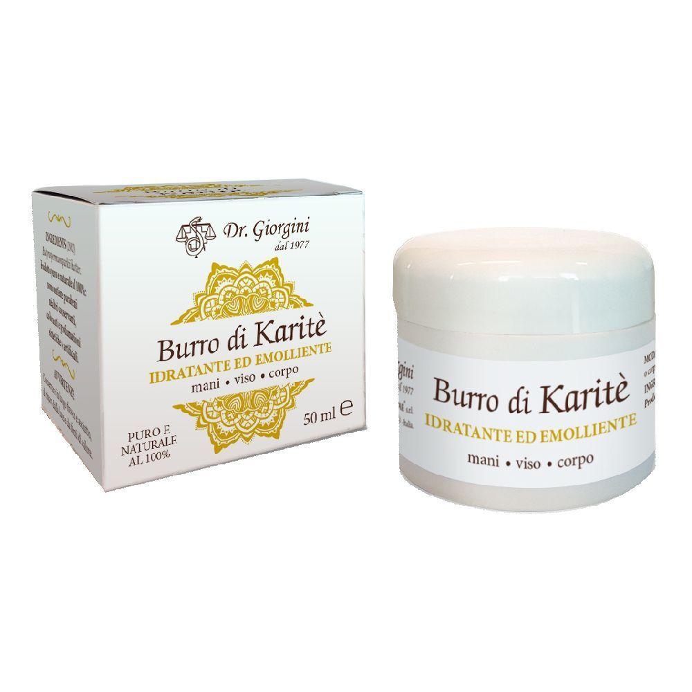 Pot et boîte blancs avec 'Burro di Karité'. La boîte indique '50 ml'.