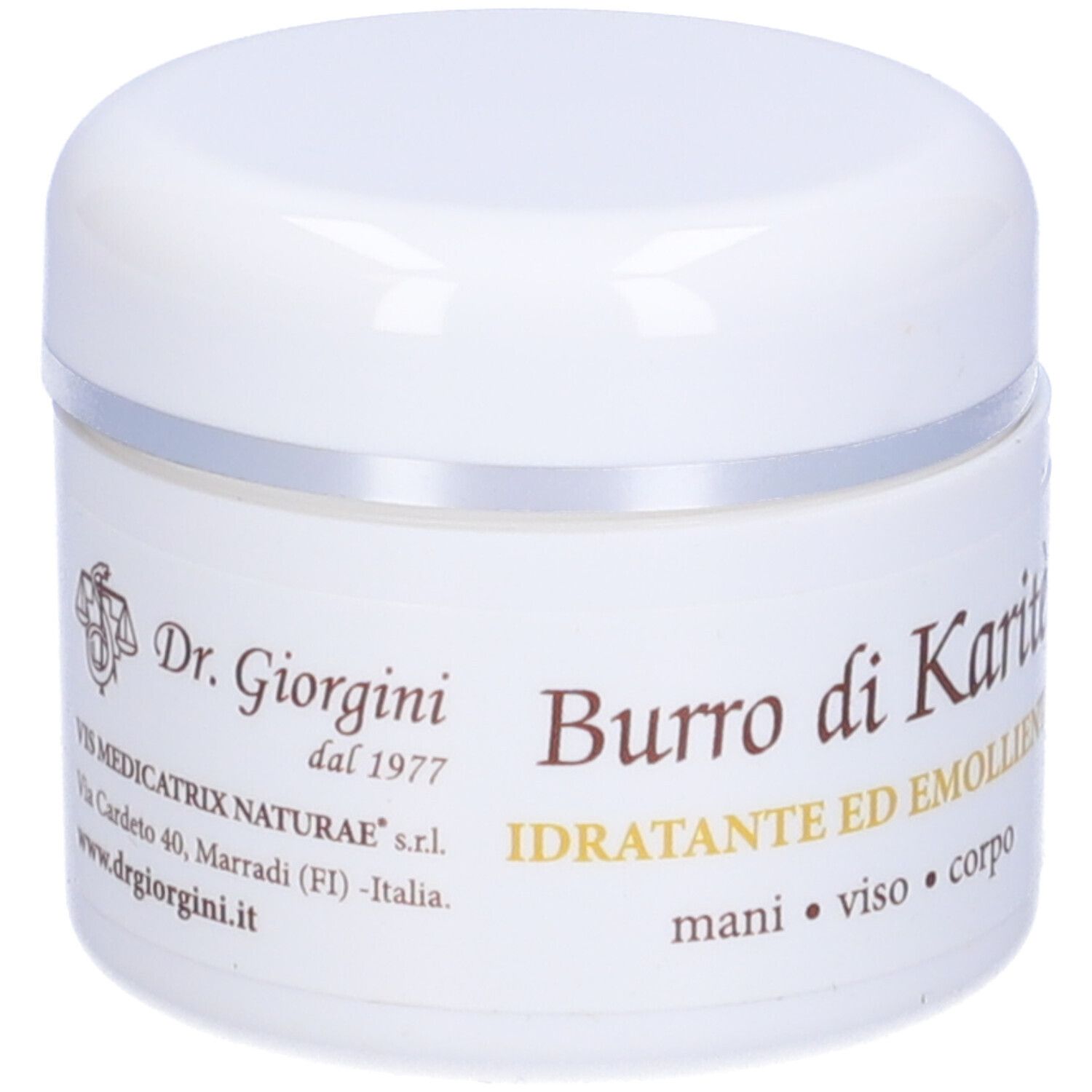 Pot blanc avec bord argenté. Inscription 'Burro di Karité' et 'Dr. Giorgini'.